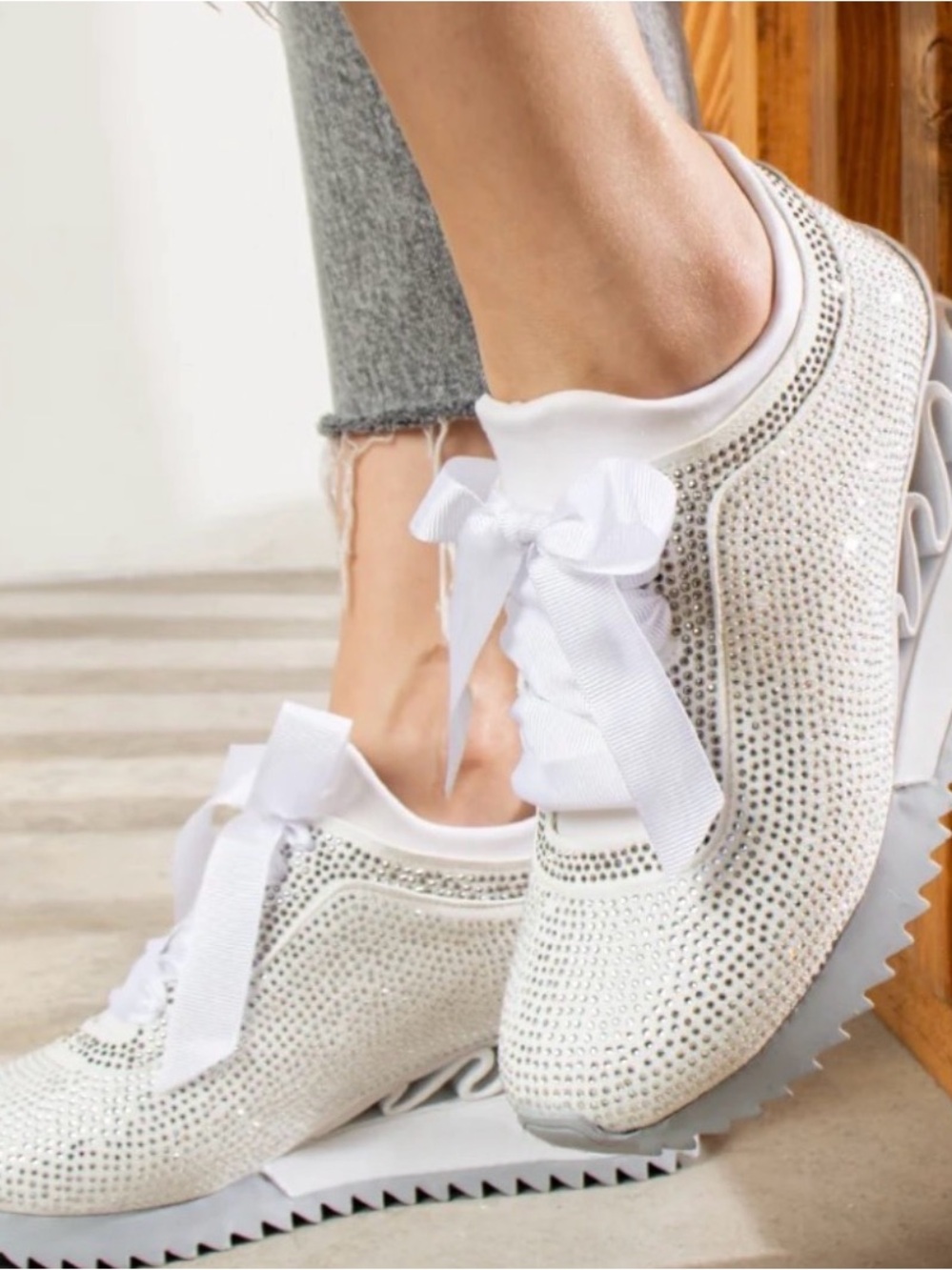 Seniorah Women’s White Rhinestone Ribbon Lace-Up Sneakers